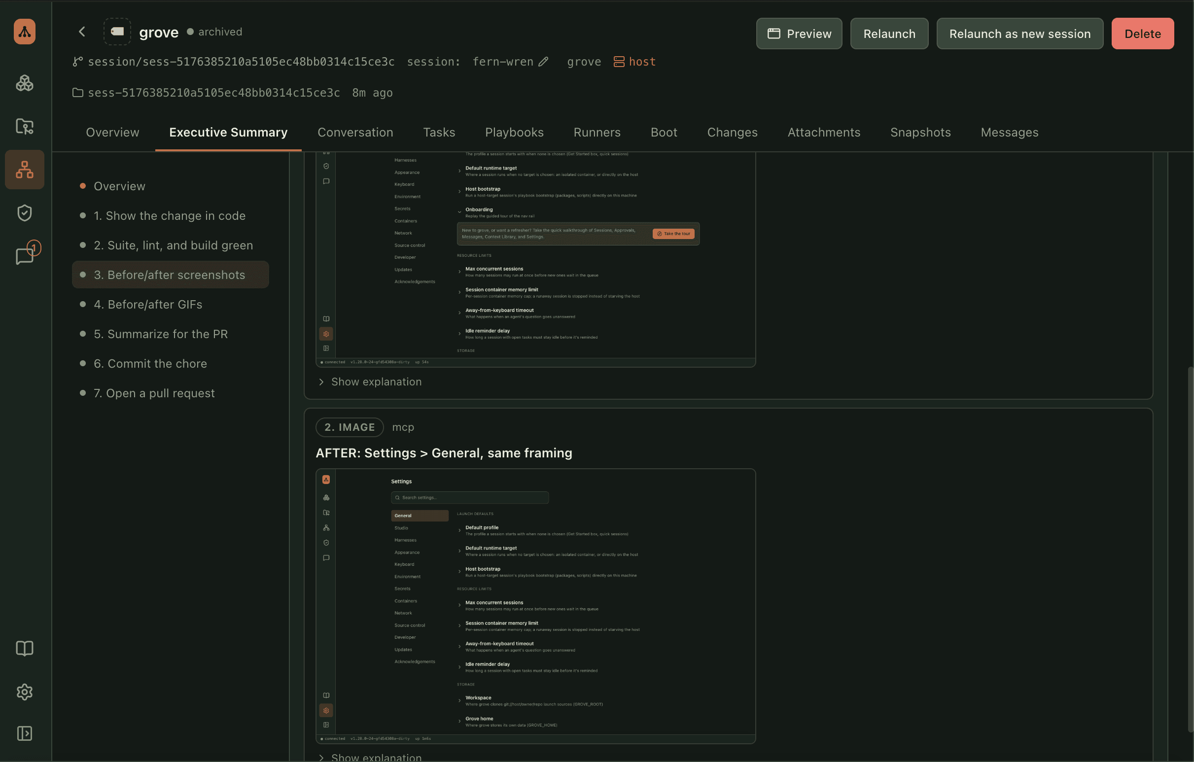 An executive summary open on an archived session. The report's contents run down the left as seven numbered sections, from showing the change in code through to opening a pull request, with the third selected. Beside it two image blocks sit one above the other, each holding a screenshot of the same settings screen in the same framing and a collapsed explanation.