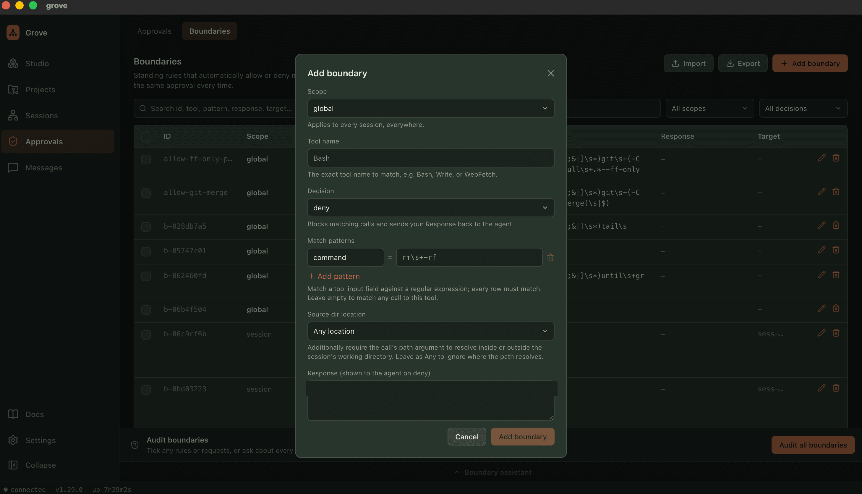 Grove's Add boundary form: a scope of global, a tool name, a decision of deny, a match pattern testing the call's command field against a regular expression, a source directory condition, and a response field for what the agent is told.