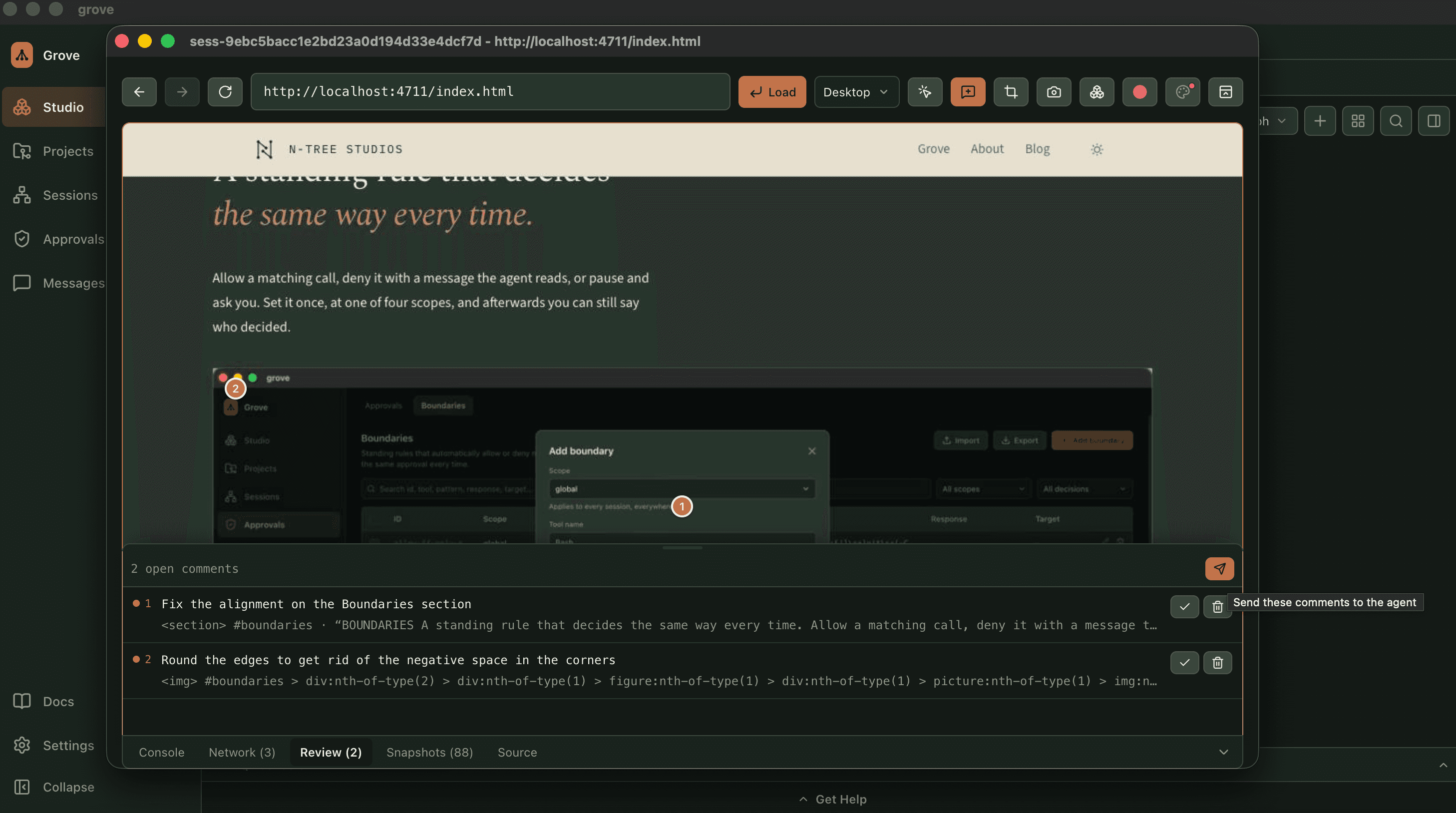 Grove's preview browser with this website loaded and comment mode switched on: a numbered marker sits on the page and the Review tab below lists the comment it opened, which becomes a task on the agent's list.