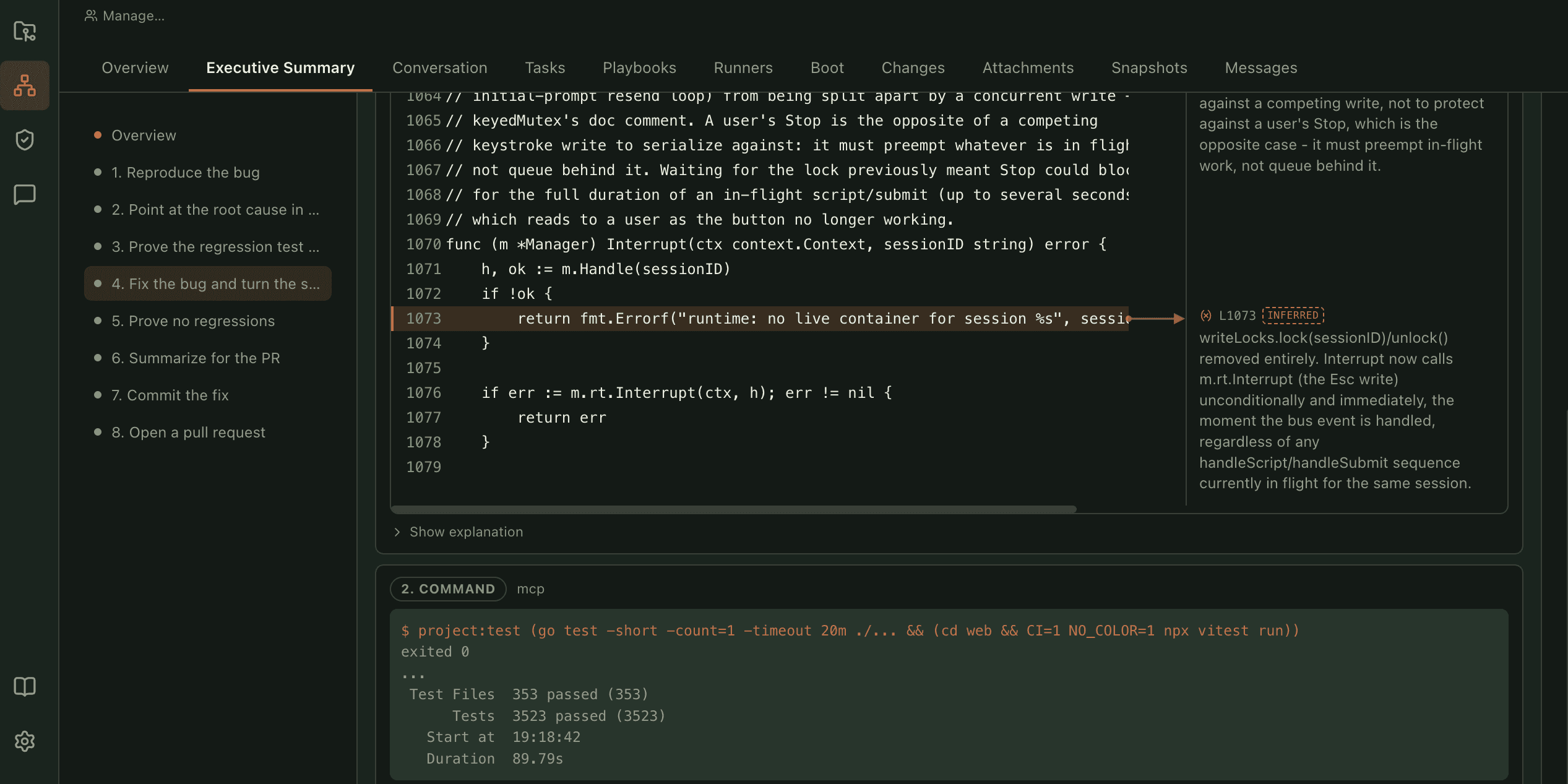 A session's executive summary open on the fourth of eight sections. The report contents run down the left, from reproducing the bug through to opening a pull request. Beside them a block of source is shown with one line marked and an explanation of the change written against it, and below that a command block reporting three hundred and fifty-three test files and three thousand five hundred and twenty-three tests passed, exiting zero.
